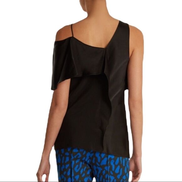 DIANE Von Furstenberg Black Asymmetrical Ruffle Sleeveless Blouse S - Picture 2 of 7